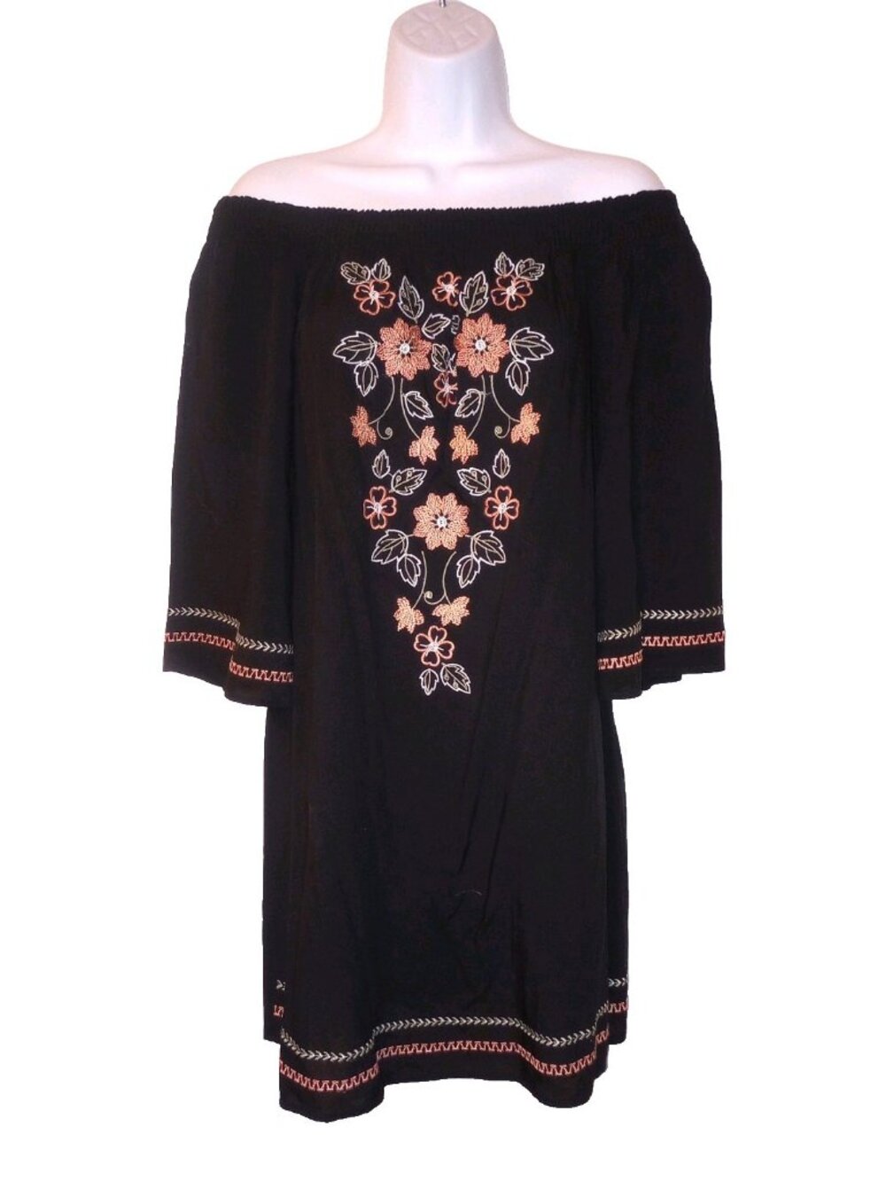 Flying Tomato Black Dress S Off Shoulder Boho Peach Floral Embroidered
